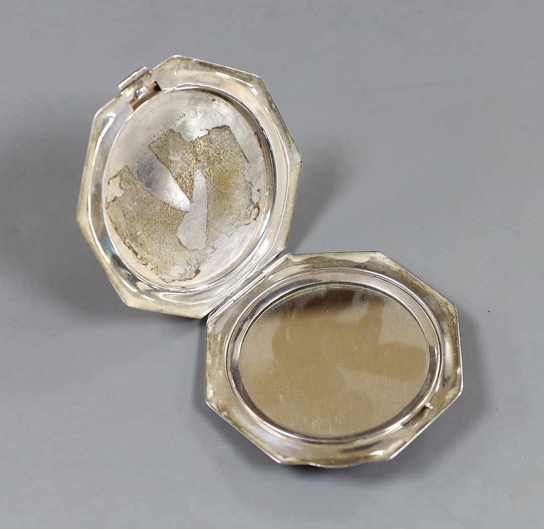 A George VI octagonal silver and blue enamel compact, with regimental appliqué, Birmingham, 1937, 80mm.